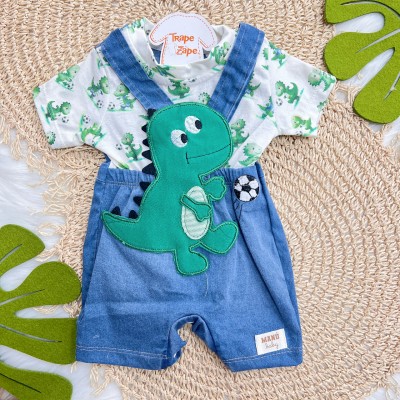 Macacão Curto Dino Futebol - Azul Jeans e Verde